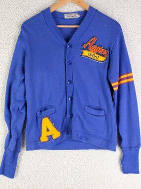 Vintage Cardigan Womens Small Blue Knit V Neck Button Up Varsity Ubc Aggies 70s